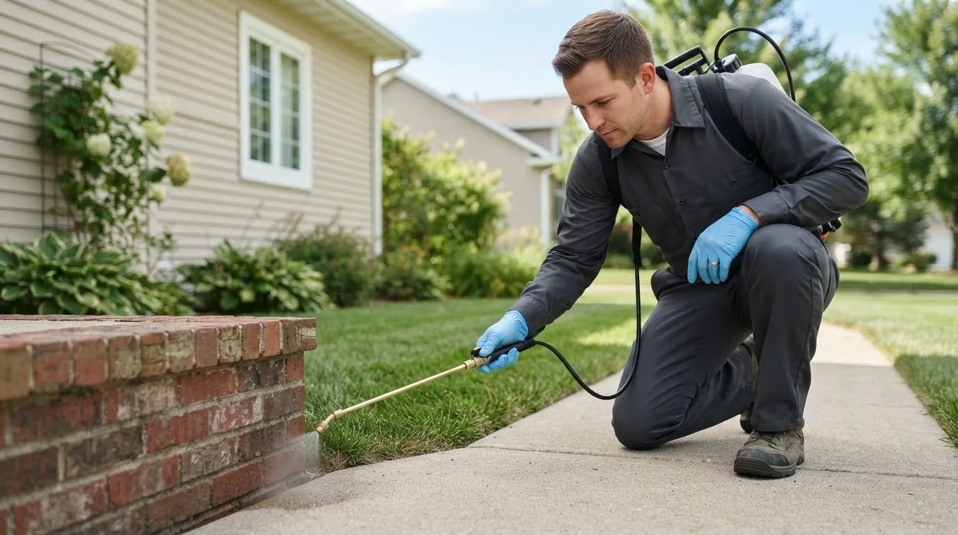 Pest control technician treating a home near Guilford, ME