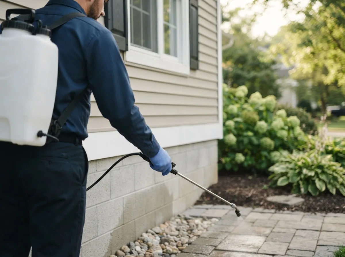 Pest control technician inspecting a home in Guilford, ME